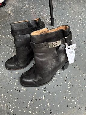 Coach Black Leather Ankle Booties with Signature Buckle